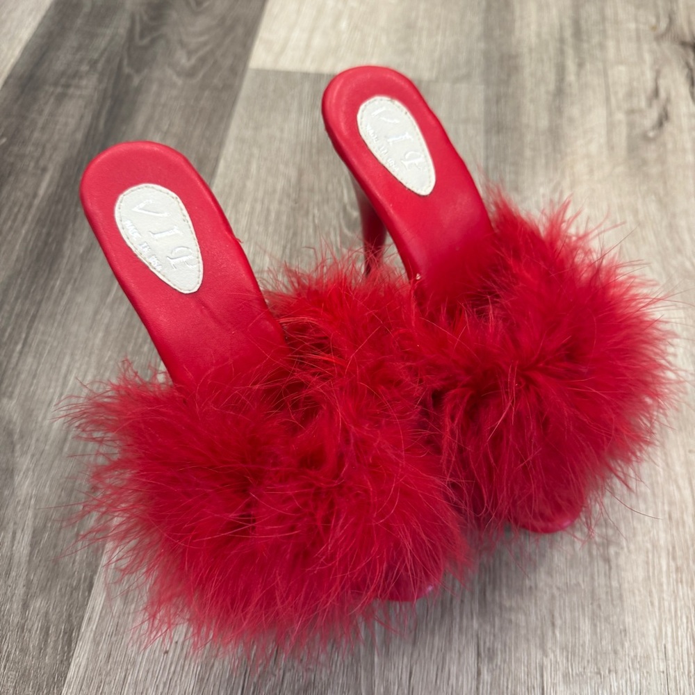 VIP Red Maribou Feathered High Heels Womens 7/7.5 Stiletto